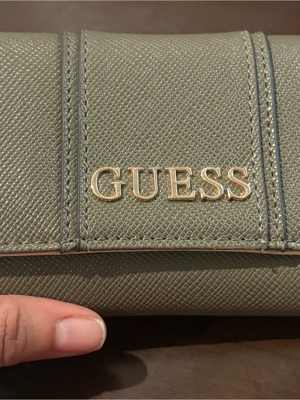 GUESS Olive Green Saffiano Wallet with Gold Logo Hardware
